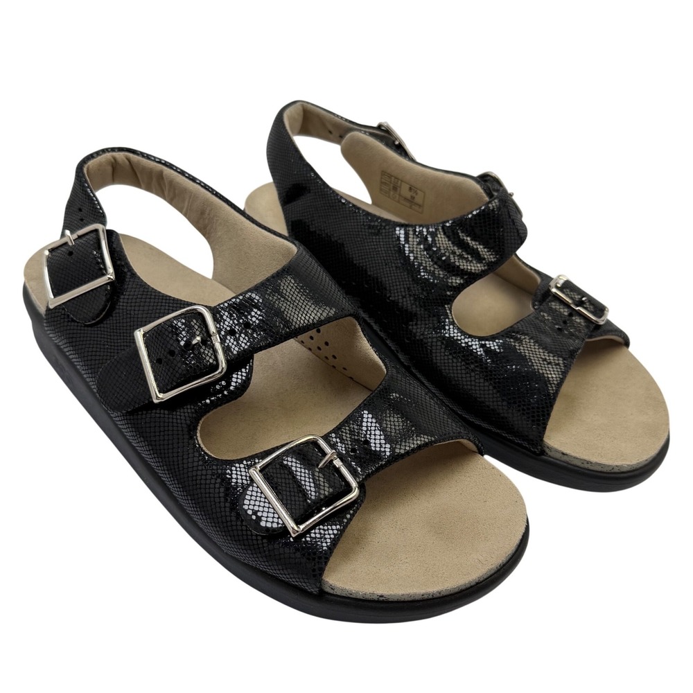 SAS Relaxed Heel Strap‎ Sandals Black Snake Leather Comfort Womens 8.5 M EUC